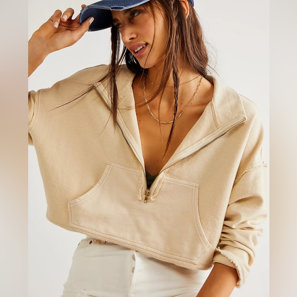 Free People We The Free Kitty Pullover Cropped Quarter Zip Sweatshirt S Boho - Picture 1 of 6